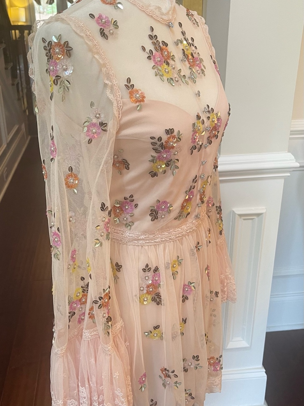 Alice + Olivia Allegra Embellished Lace Mini Gown Pale Pink NWT US 10 - Picture 9 of 16